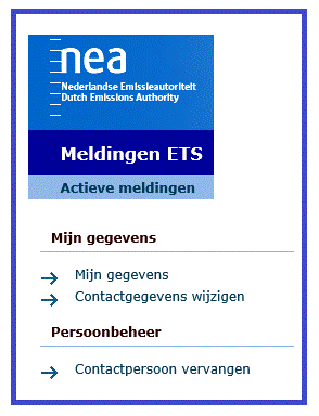 Menu van het NEa-loket: Mijn gegevens, Contactgegevens wijzigen, Persoonsbeheer, Contactpersoon vervangen