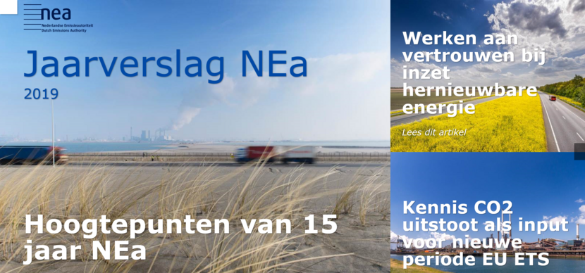 Cover jaarverslag 2019, met artikelen: Hoogtepunten van 15 jaar NEa, Werken aan vertrouwen bij inzet hernieuwbare energie, Kennis CO2 uitstoot als input voor nieuwe periode EU ETS.